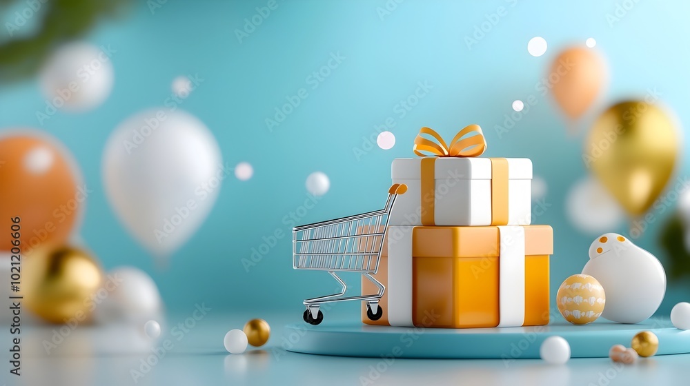 Poster Abstract 3D composition showcasing a digital shopping journey featuring a holistic arrangement of floating elements including a shopping cart search bar and transaction icons
