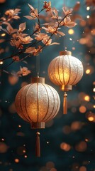 Obraz premium This captivating image showcases two delicate white lanterns gently shining among branches adorned with subtle orange blossoms, creating a peaceful and enchanting visual appeal.