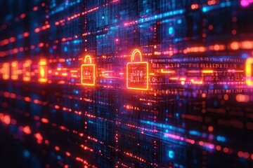 Fototapeta premium A futuristic depiction of cyber security with glowing padlocks symbolizing data encryption and protection, set against a complex network of digital grids and lines, highlighting security concepts.