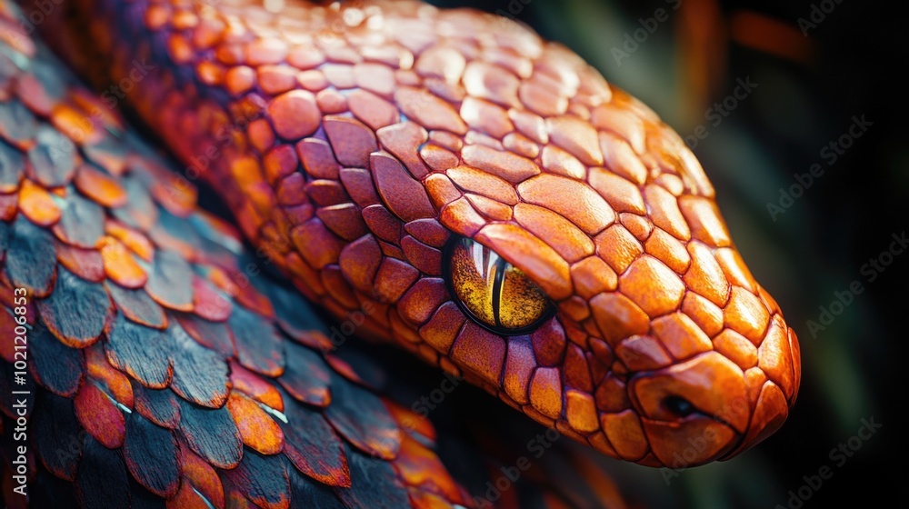 Poster A close-up view of a colorful snake's head with distinctive features