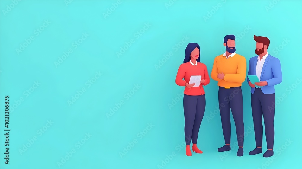 Poster Diverse team of vibrant data analysts collaborating to interpret and present interactive 3D infographic charts using vivid colors and clean digital art to create a modern