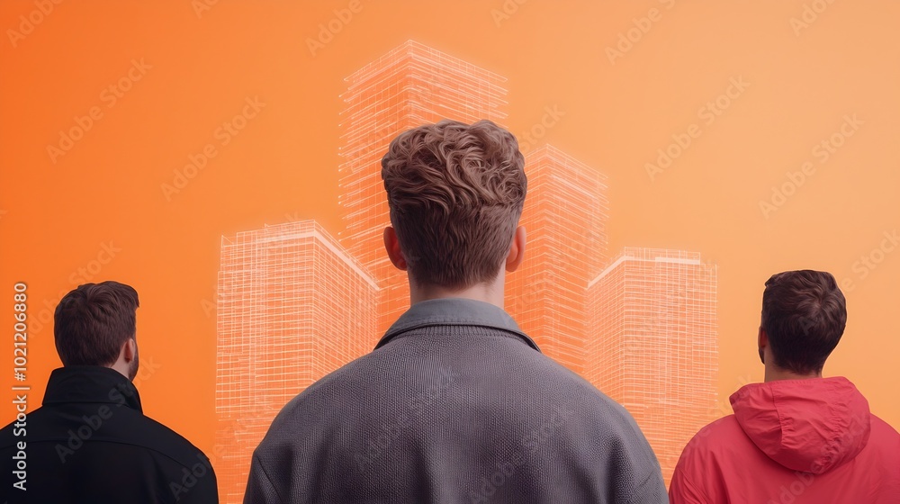 Poster A diverse group of professionals examining and interacting with dynamic 3D data visualizations in a sleek modern architectural setting showcasing an experimental digital editorial style