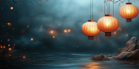 Obraz premium Soft glowing lanterns are reflected on the tranquil water below, casting gentle light and creating a dreamy, peaceful scene that enchants with its subtle beauty and calm.