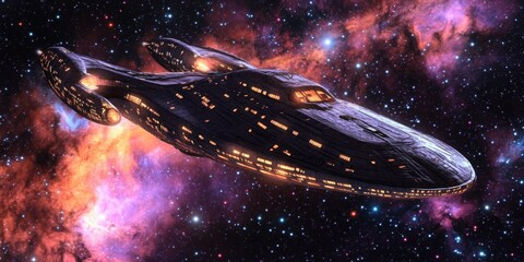 Futuristic spaceship traveling through colorful, vibrant galaxy with glowing nebulae.
