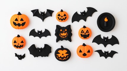 A creative composition of cute Halloween stickers, like smiling jack-o'-lanterns and happy bats, arranged in a grid pattern on a white background.