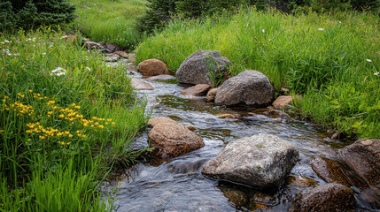 A serene stream meanders through a verdant meadow, surrounded by rocks and vibrant flowers, capturing the essence of peace and natural harmony.