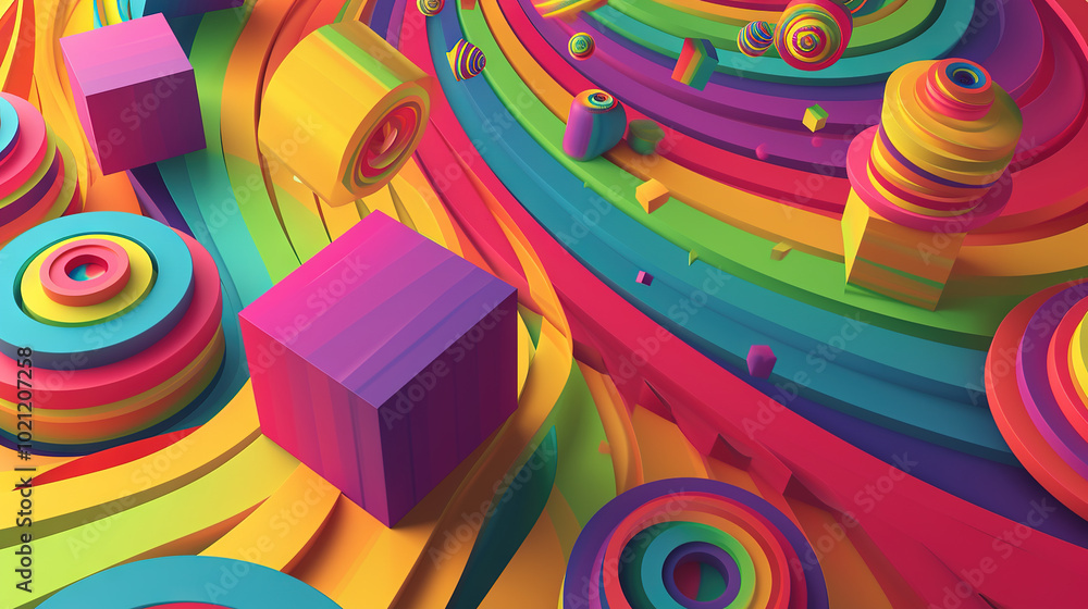 Poster abstract background with colorful 3d shapes scattered in geometric composition