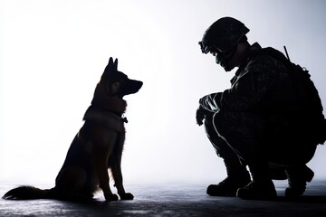 A soldier crouches beside a loyal K9 dog, symbolizing the strong bond between military personnel and their canine companions.