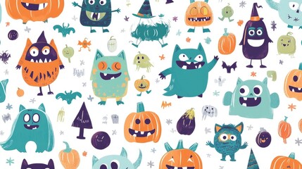 A fun and whimsical arrangement of Halloween stickers showcasing cute monsters, witches, and pumpkins, all set against a simple white background.