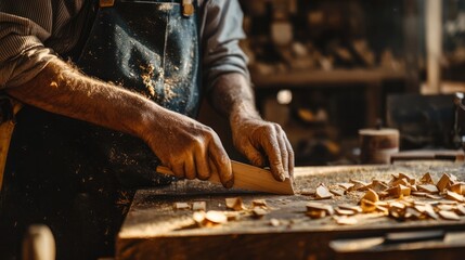 A craftsperson carving wooden pieces, with a detailed yellow textured background that adds warmth and character to the workspace