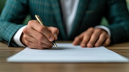 A professional man writes with a pen on a blank sheet of paper, showcasing focus and determination in a business environment.