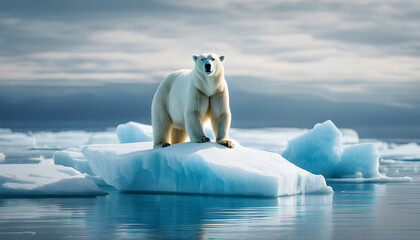 A polar bear sits on a block of ice in the sea ice. Its fine white fur contrasts with the bright blue sea. © Qrryferry