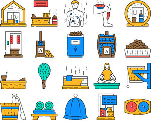 sauna steam spa health icons set vector. room accessories, relax heater, stone luxury, towel stroke, candle thermal, bath sauna steam spa health color Contour Illustrations