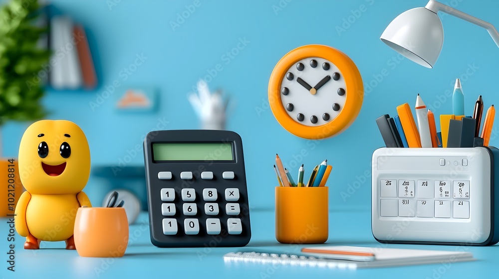 Poster playful collection of 3d icons for a stylized office environment comprising a quirky calculator comf