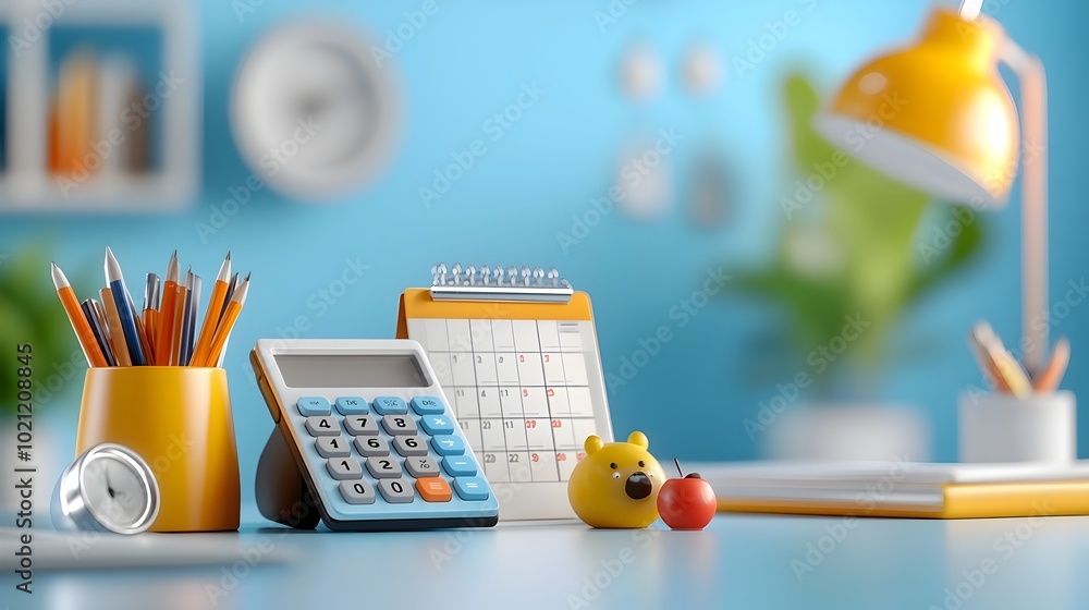 Poster whimsical 3d art set featuring a playful collection of office essentials including a calculator ergo