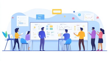 A group of professionals collaborating around a digital display with charts and data for a presentation or meeting.