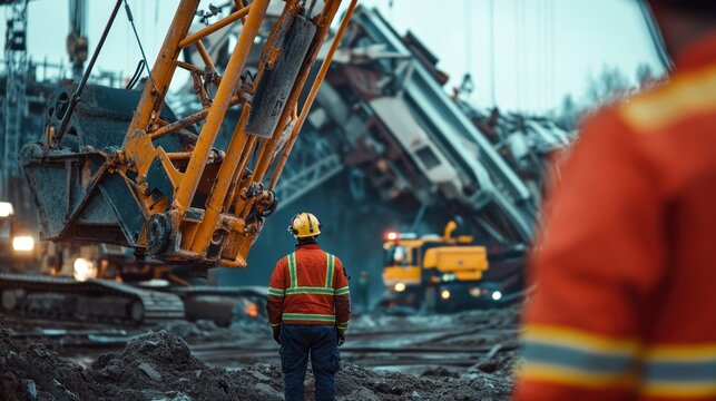 A crane operator being treated after a machinery collapse on a construction site, with emergency teams arriving to help