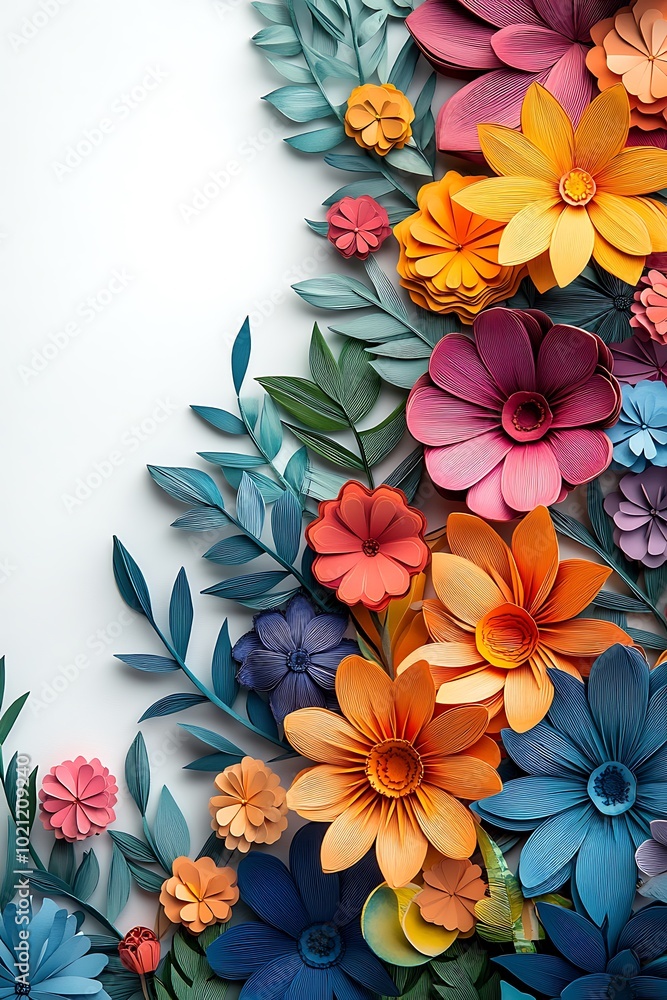 Aufkleber a vibrant arrangement of colorful paper flowers and leaves in various shapes and sizes, creating a v