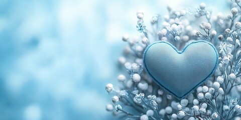 Fototapeta premium A soft blue heart is gently placed among delicate white flowers, creating a calming visual. The subtle hues and textures evoke feelings of tranquility and love, perfect for celebrating special moments