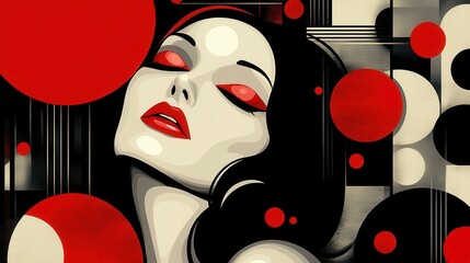 This artwork showcases an elegant woman's face, adorned with vibrant red lips and captivating red eyes. The background features a mix of bold shapes and contrasting colors, creating a dynamic and mode