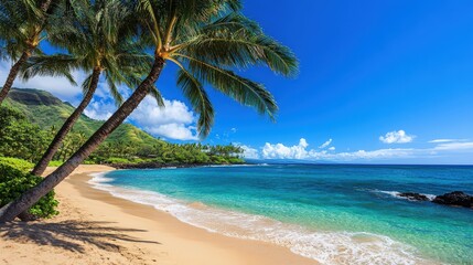 Tropical beach paradise with palm trees, golden sand, and clear blue water under a vibrant sky.