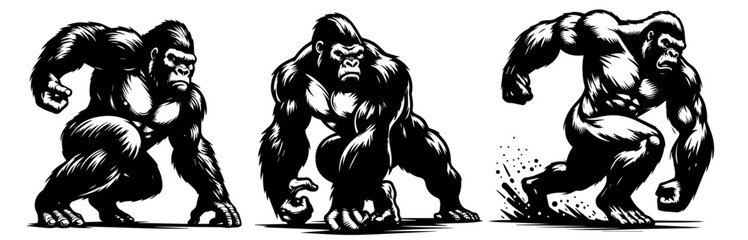 set of gorilla drawings in action line art black vector design