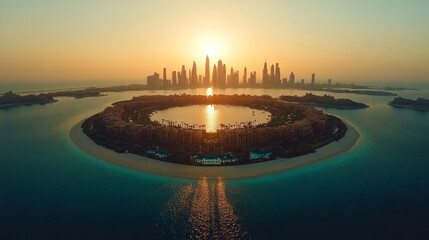 Aerial view of a cityscape with a man-made island with a lagoon at the center, the sun rising behind the city skyline.