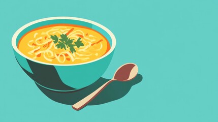 A bowl of hearty chicken noodle soup with a vintage spoon beside it, framed on a minimalist backdrop, perfect for culinary or advertising designs