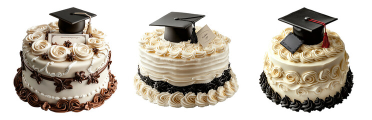 Three Graduation Cakes with Decorative Caps and Flowers Isolated on Transparent Background
