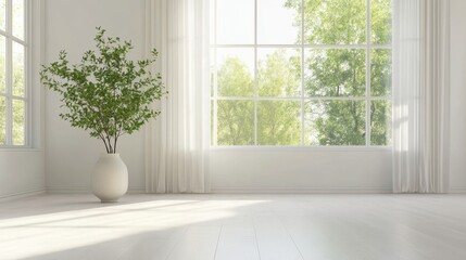 Fototapeta premium A bright and airy home interior with a plant in a vase on the window stand, bringing a touch of nature and elegance to the decor.