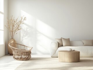 A minimalist winter living room featuring white walls, cozy furniture, and soft lighting, creating a serene and inviting atmosphere