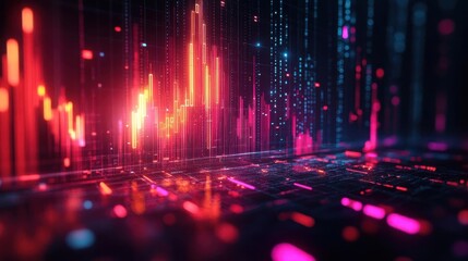 Holographic stock decline, virtual business crisis, futuristic price drop, neon digital interface
