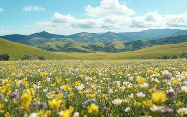 Fototapeta premium A vibrant field of wildflowers stretches across rolling hills under a bright blue sky, showcasing natural beauty and tranquility.