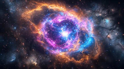 Obraz premium Colorful cosmic nebula with vibrant shades of blue, pink, and orange radiating in space.