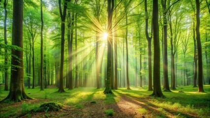 Fototapeta premium Sunbeams pierce through the dense canopy of a lush green forest, illuminating the verdant undergrowth with a golden glow.