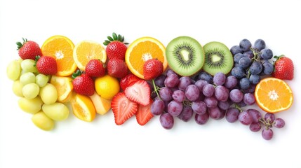 A vibrant assortment of fresh fruits, including berries, citrus, and grapes on a white background.