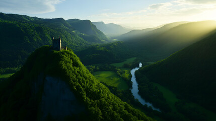 Naklejka premium Morning sunlight bathes lush green valley with winding river, medieval castle ruin atop hill, creating tranquil blend of history and nature