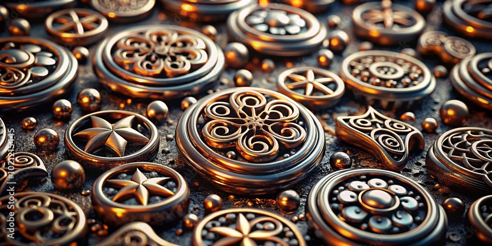 Poster abstract pattern of intricate chrome-inspired symbols on a dark textured background for design use