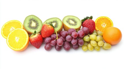 Fresh assortment of colorful fruits including kiwi, strawberries, oranges, grapes, and more.