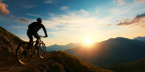 Fototapeta premium Man joyfully bikes uphill at sunset with majestic mountains in the background, capturing the essence of an active lifestyle and the thrill of conquering challenges