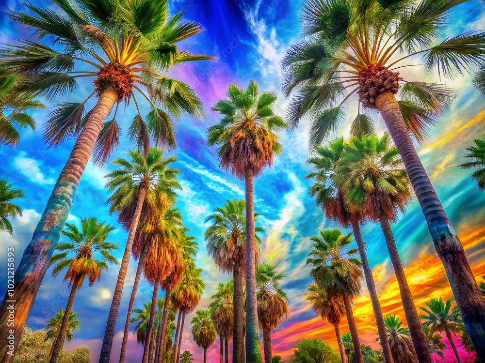 Poster abstract representation of palm trees with vibrant colors and shapes creating a tropical atmosphere