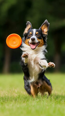 Obraz premium Active and playful australian shepherd dog joyfully catching a flying disc outdoors in a lush green field on a sunny summer day