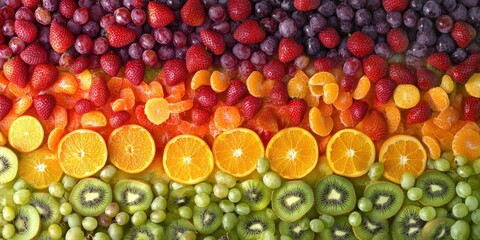 Colorful array of fresh fruits including kiwis, oranges, grapes, and berries arranged in vibrant horizontal layers.