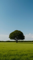 Lone tree stands tall in a vast meadow, casting shadows and creating a serene rural landscape under a clear blue sky