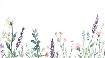 Naklejka premium A delicate watercolor banner featuring wildflowers, herbs, and spices, blending nature and art in a hand-drawn, natural design