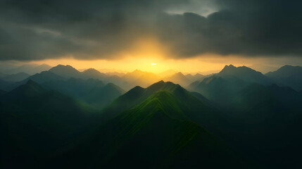 Obraz premium Dramatic sunset casting golden light on lush mountain peaks, against a stunning sky, evoking the power of nature