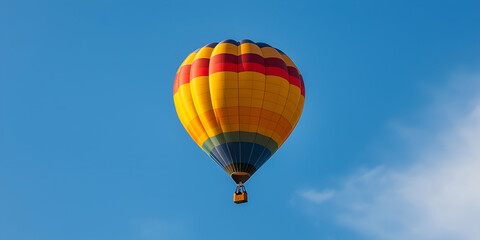 Naklejka premium Vividly colored hot air balloon peacefully ascends into the clear blue sky, evoking feelings of freedom and excitement