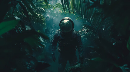 Captivating cinematic photograph radiantly dark alien jungle planet. a futuristic astronaut. Alien Jungle. Illustration