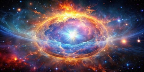 Obraz premium A celestial sphere with a glowing core amidst a swirling nebula, a kaleidoscope of colors and cosmic dust