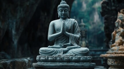 Obraz premium A serene Buddha statue in a tranquil, natural setting, symbolizing peace and spirituality.